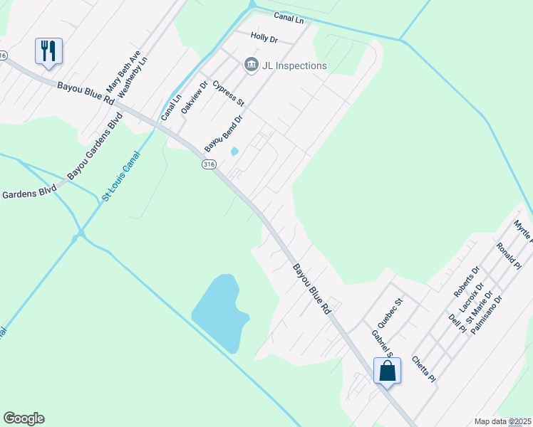 map of restaurants, bars, coffee shops, grocery stores, and more near 2306 Bayou Blue Road in Houma