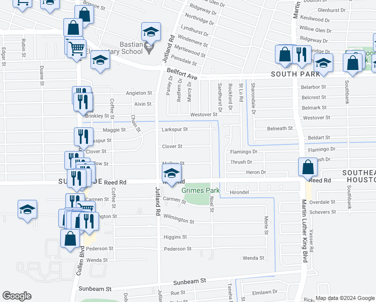map of restaurants, bars, coffee shops, grocery stores, and more near 5120 Clover Street in Houston
