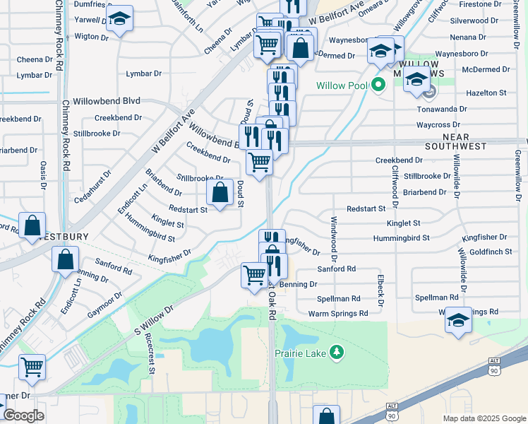 map of restaurants, bars, coffee shops, grocery stores, and more near 10902 South Post Oak Road in Houston