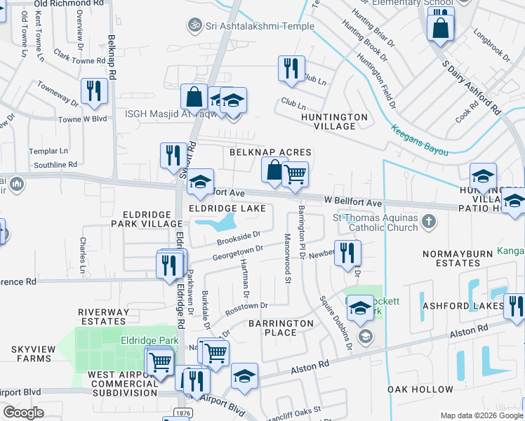 map of restaurants, bars, coffee shops, grocery stores, and more near 13129 Haven Falls Lane in Sugar Land