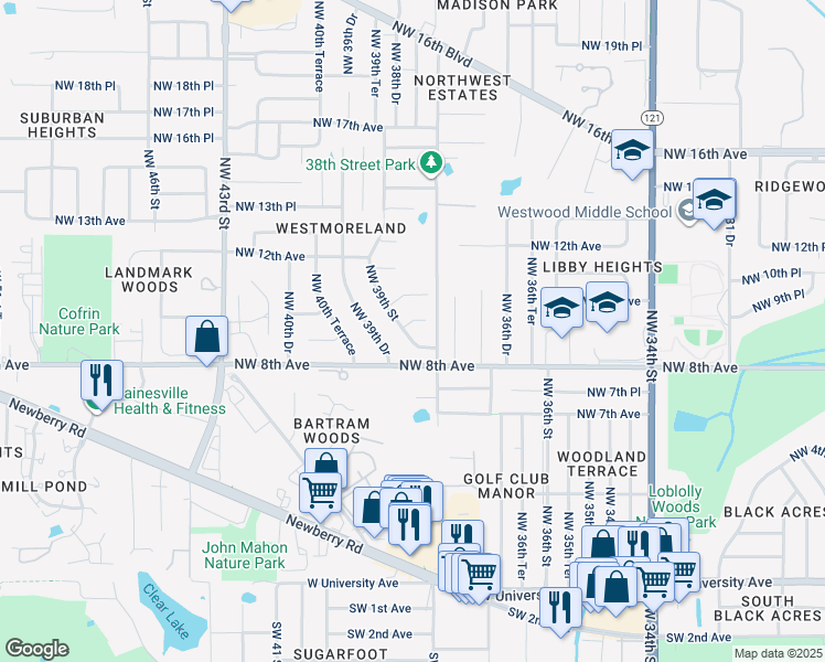 map of restaurants, bars, coffee shops, grocery stores, and more near 3809 Northwest 9th Place in Gainesville