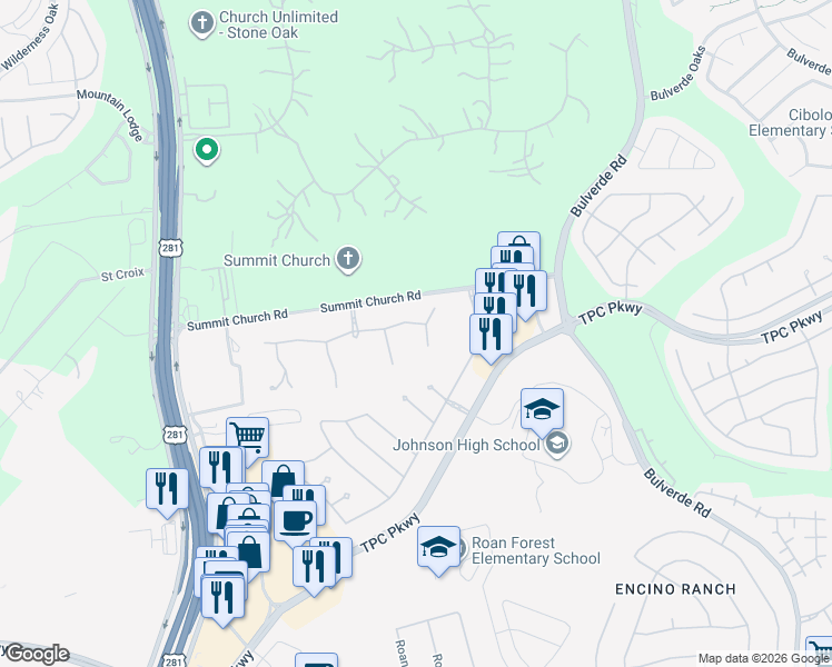 map of restaurants, bars, coffee shops, grocery stores, and more near 2922 Kingsford Lane in San Antonio