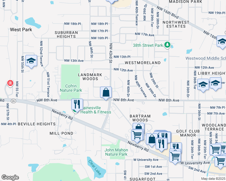 map of restaurants, bars, coffee shops, grocery stores, and more near 939 Northwest 42nd Terrace in Gainesville