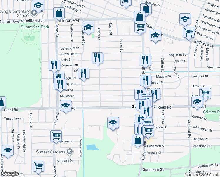 map of restaurants, bars, coffee shops, grocery stores, and more near 4501 Clover Street in Houston