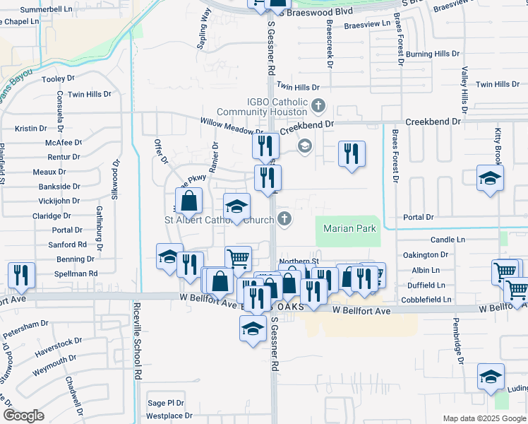 map of restaurants, bars, coffee shops, grocery stores, and more near 10910 South Gessner Road in Houston