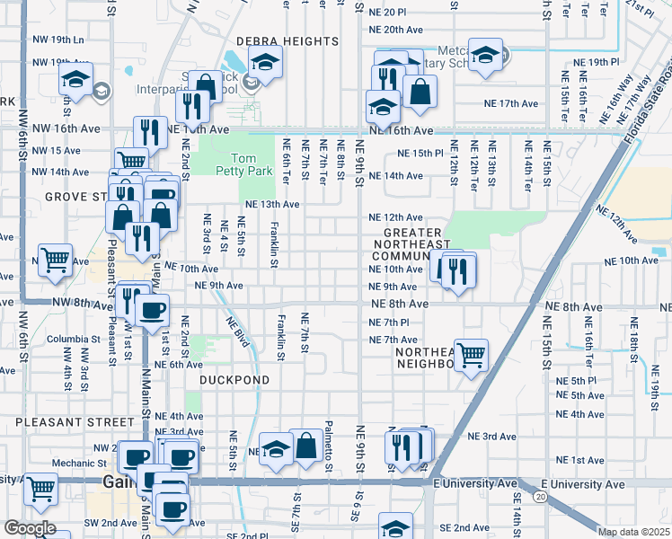 map of restaurants, bars, coffee shops, grocery stores, and more near 999 8th Street in Gainesville