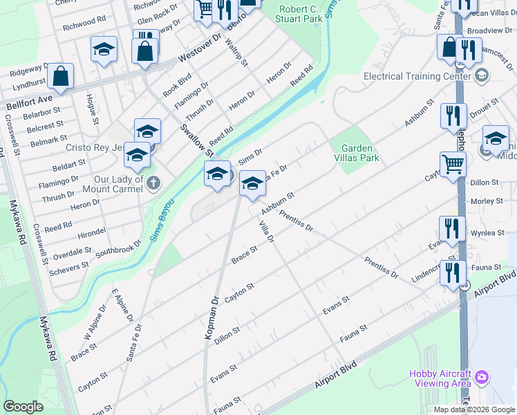 map of restaurants, bars, coffee shops, grocery stores, and more near 6849 Prentiss Drive in Houston
