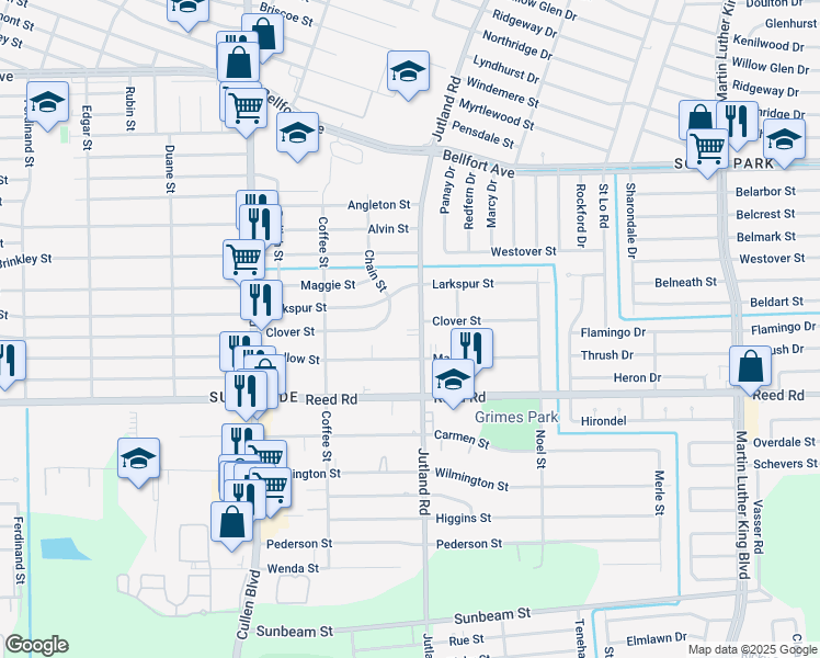 map of restaurants, bars, coffee shops, grocery stores, and more near 5002 Clover Street in Houston