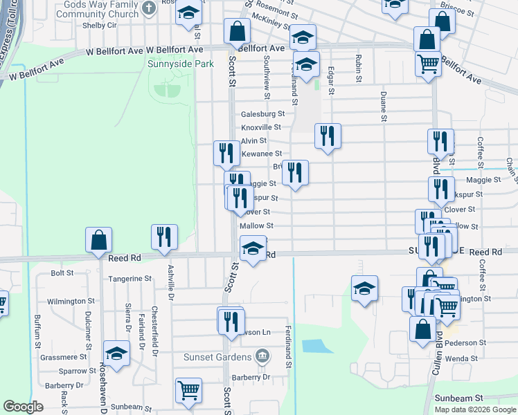 map of restaurants, bars, coffee shops, grocery stores, and more near 4118 Larkspur Street in Houston