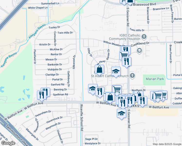 map of restaurants, bars, coffee shops, grocery stores, and more near 10950 Westbrae Parkway in Houston