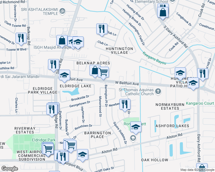 map of restaurants, bars, coffee shops, grocery stores, and more near 2648 Hadley Circle in Sugar Land