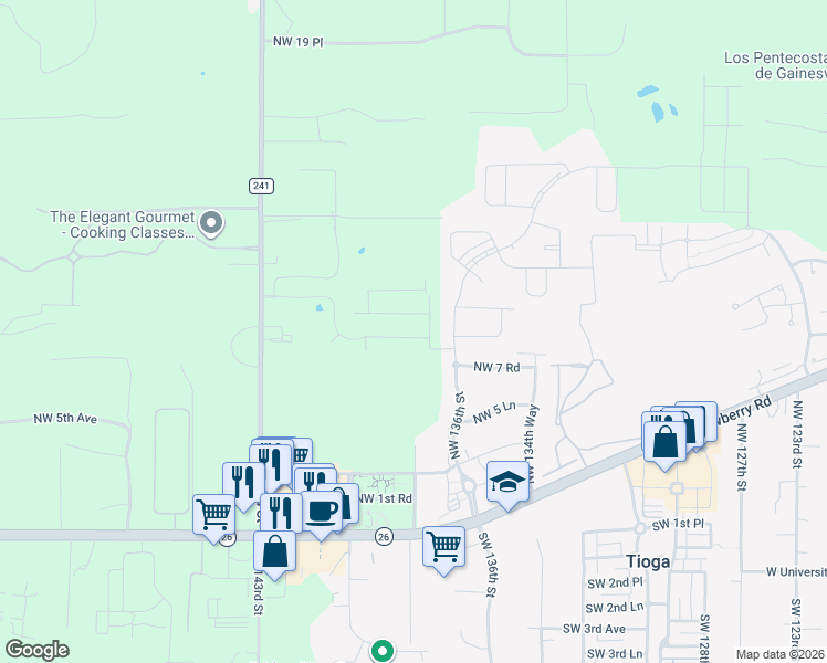 map of restaurants, bars, coffee shops, grocery stores, and more near 13668 Northwest 9th Road in Newberry