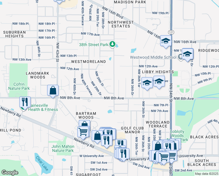 map of restaurants, bars, coffee shops, grocery stores, and more near 3809 Northwest 9th Place in Gainesville