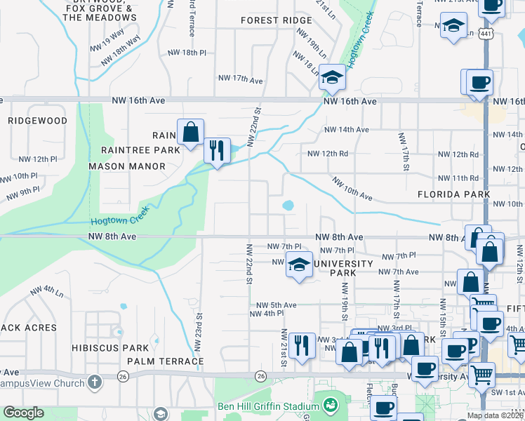 map of restaurants, bars, coffee shops, grocery stores, and more near 2136 Northwest 9th Avenue in Gainesville