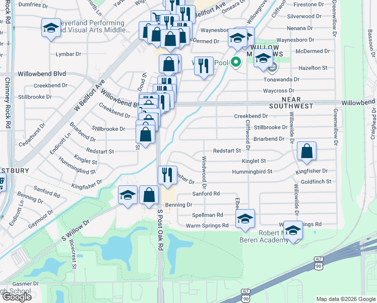 map of restaurants, bars, coffee shops, grocery stores, and more near 4830 Kinglet Street in Houston