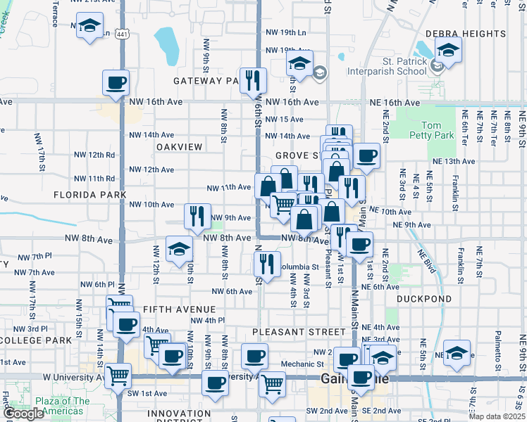 map of restaurants, bars, coffee shops, grocery stores, and more near 519 NW 10th Ave in Gainesville