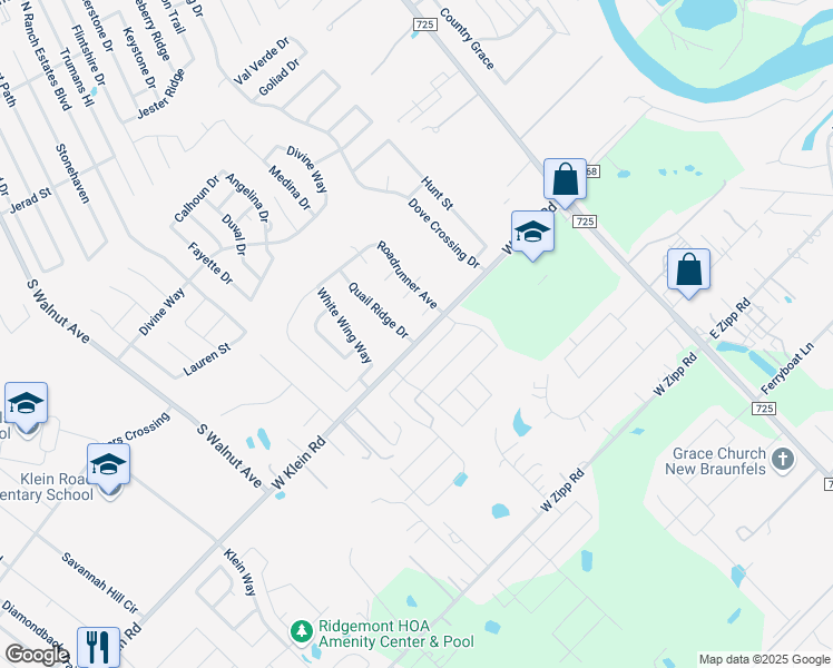 map of restaurants, bars, coffee shops, grocery stores, and more near 2447 Quail Ridge Drive in New Braunfels