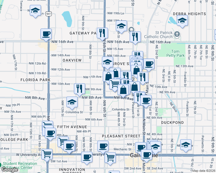map of restaurants, bars, coffee shops, grocery stores, and more near 519 Northwest 10th Avenue in Gainesville