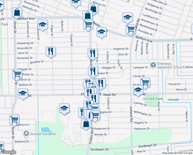 map of restaurants, bars, coffee shops, grocery stores, and more near 4727 Clover Street in Houston