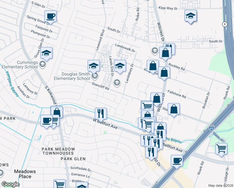 map of restaurants, bars, coffee shops, grocery stores, and more near 11102 Windmark Place in Houston