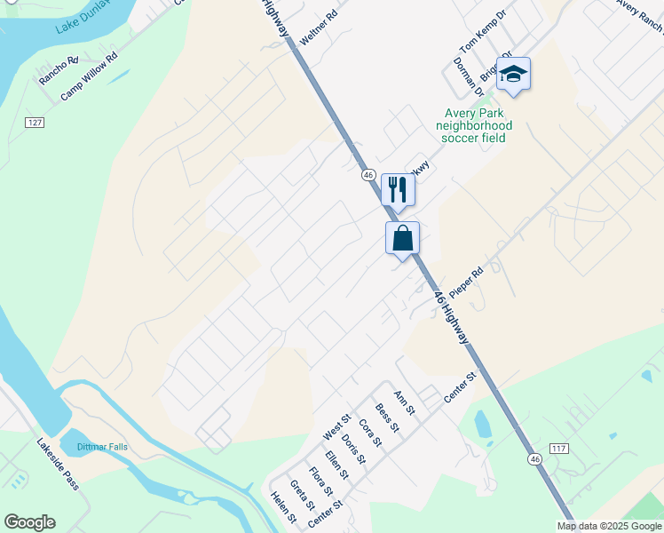 map of restaurants, bars, coffee shops, grocery stores, and more near 171 Elderberry in New Braunfels
