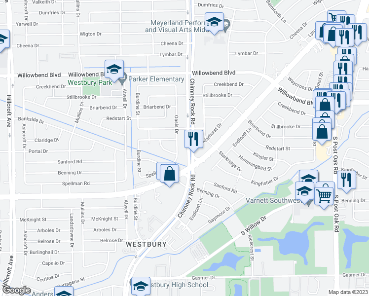 map of restaurants, bars, coffee shops, grocery stores, and more near 10930 Chimney Rock Road in Houston