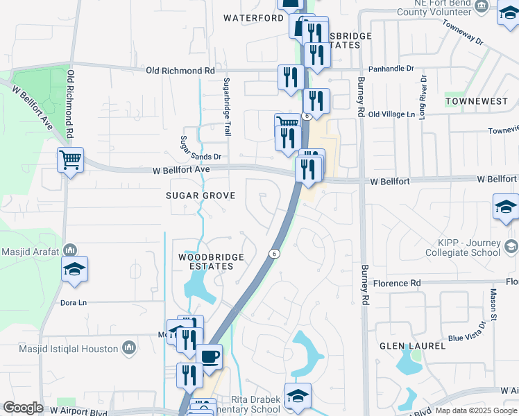 map of restaurants, bars, coffee shops, grocery stores, and more near 15123 Snow Hill Court in Sugar Land