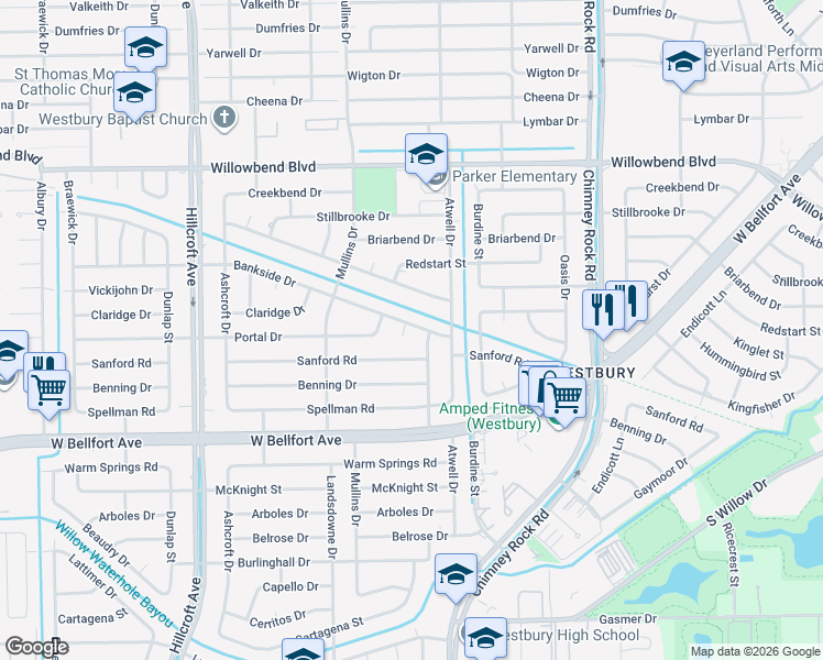 map of restaurants, bars, coffee shops, grocery stores, and more near 11003 Crestmore Street in Houston