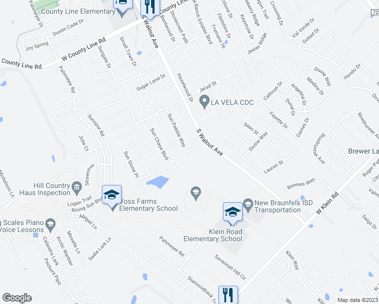 map of restaurants, bars, coffee shops, grocery stores, and more near 1219 Sun Trail in New Braunfels