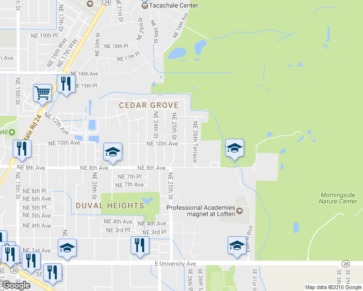 map of restaurants, bars, coffee shops, grocery stores, and more near 920 Northeast 25th Terrace in Gainesville
