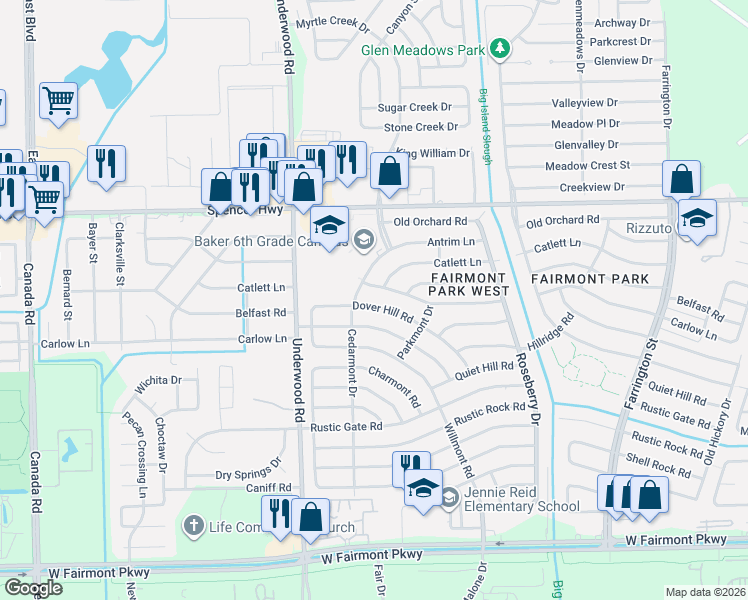 map of restaurants, bars, coffee shops, grocery stores, and more near 9815 Dover Hill Road in La Porte
