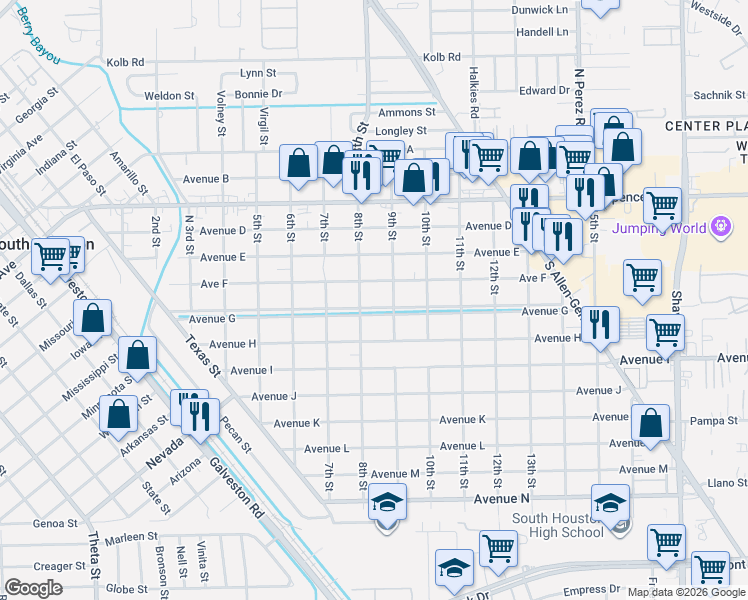 map of restaurants, bars, coffee shops, grocery stores, and more near 804 Avenue F in South Houston