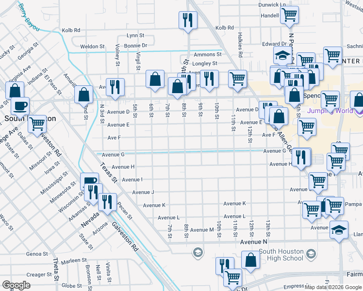 map of restaurants, bars, coffee shops, grocery stores, and more near 804 Avenue F in South Houston