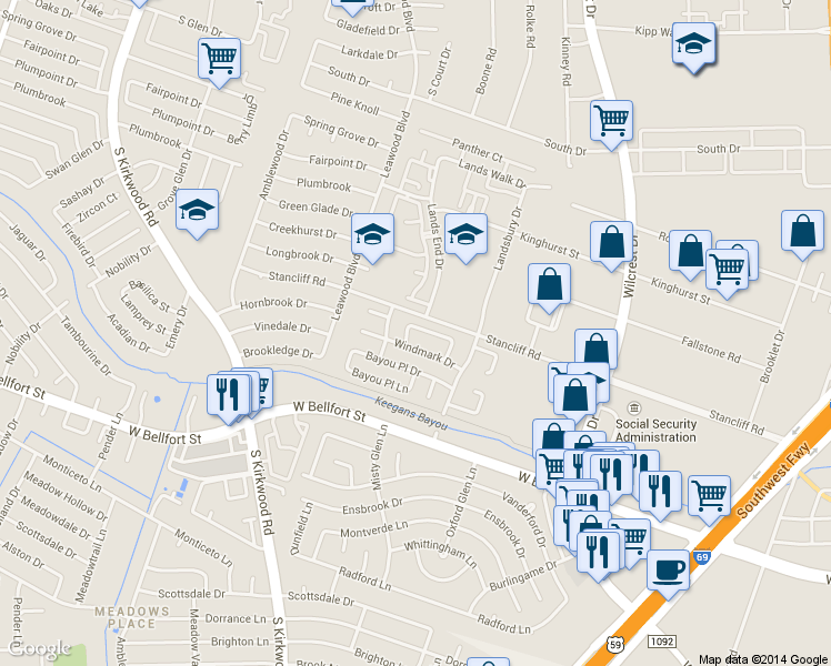 map of restaurants, bars, coffee shops, grocery stores, and more near 11211 Windmark Place in Houston