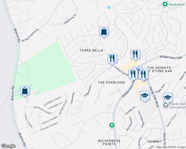 map of restaurants, bars, coffee shops, grocery stores, and more near 23975 Hardy Oak Boulevard in San Antonio