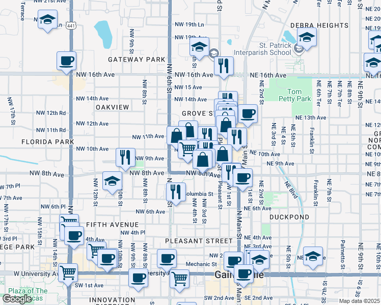 map of restaurants, bars, coffee shops, grocery stores, and more near 920 Northwest 4th Street in Gainesville
