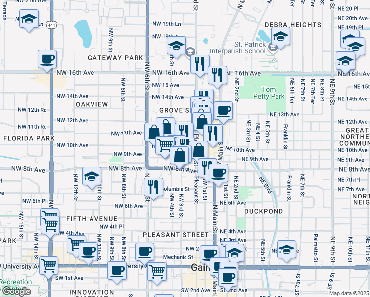 map of restaurants, bars, coffee shops, grocery stores, and more near 231 Northwest 10th Avenue in Gainesville