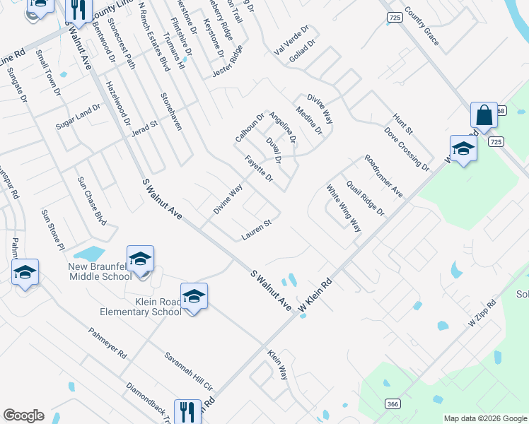 map of restaurants, bars, coffee shops, grocery stores, and more near 919 Karah Street in New Braunfels