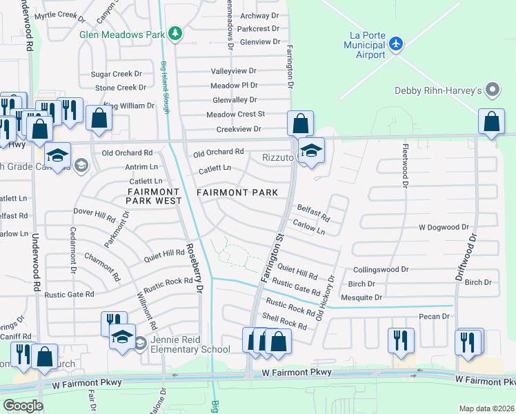 map of restaurants, bars, coffee shops, grocery stores, and more near 10327 Carlow Ln in La Porte