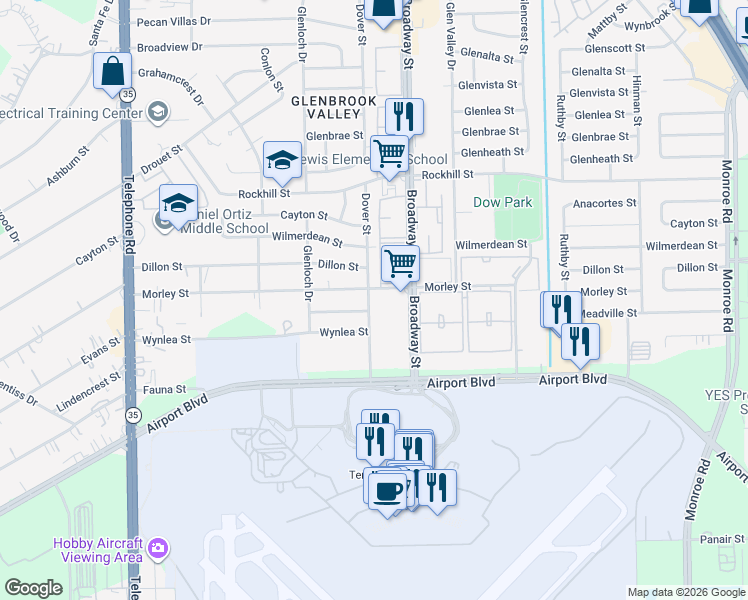 map of restaurants, bars, coffee shops, grocery stores, and more near 8807 Dover Street in Houston