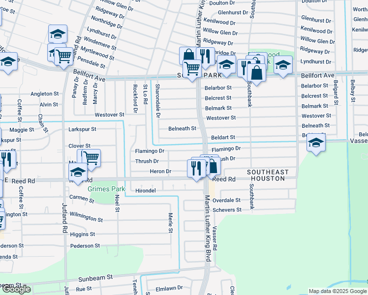 map of restaurants, bars, coffee shops, grocery stores, and more near 5627 Flamingo Drive in Houston