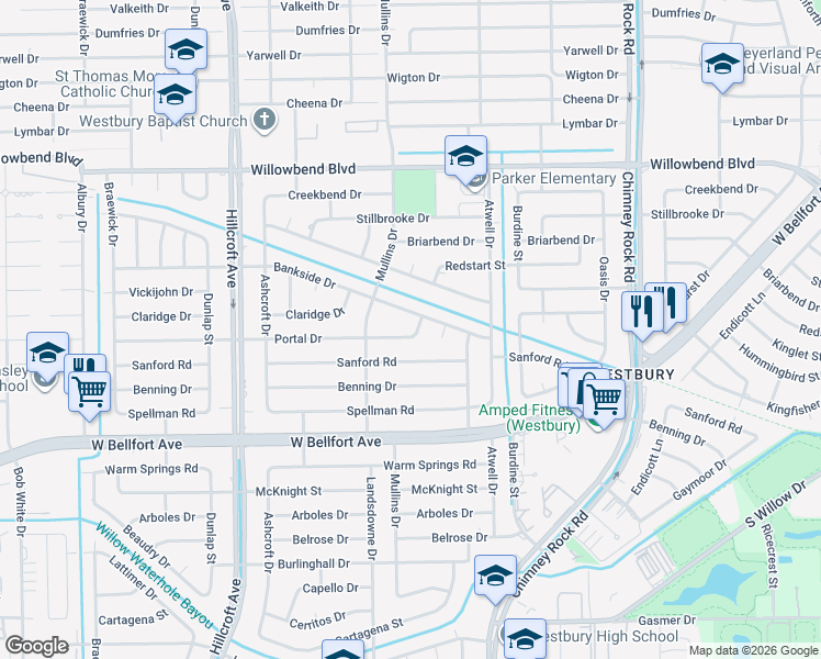 map of restaurants, bars, coffee shops, grocery stores, and more near 5622 Portal Drive in Houston