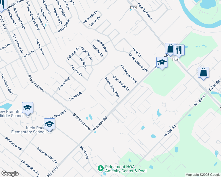 map of restaurants, bars, coffee shops, grocery stores, and more near 2622 White Wing Way in New Braunfels