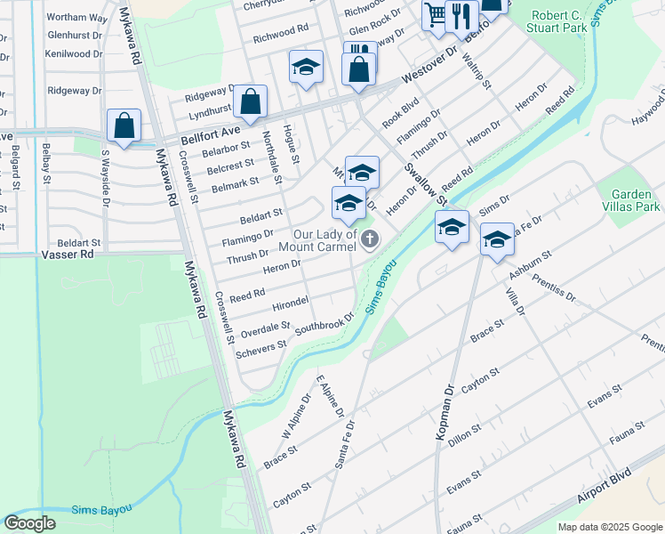 map of restaurants, bars, coffee shops, grocery stores, and more near 6627 Reed Road in Houston