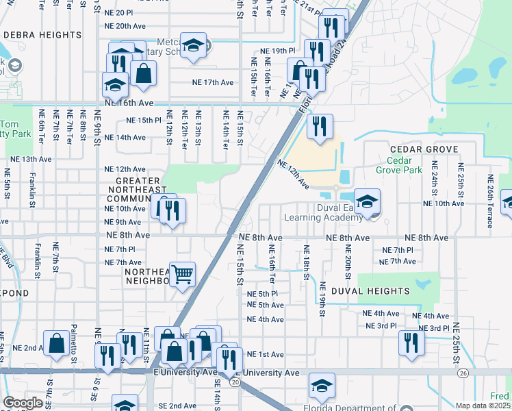 map of restaurants, bars, coffee shops, grocery stores, and more near 1001 Northeast Waldo Road in Gainesville