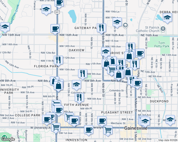 map of restaurants, bars, coffee shops, grocery stores, and more near 811 Northwest 10th Avenue in Gainesville