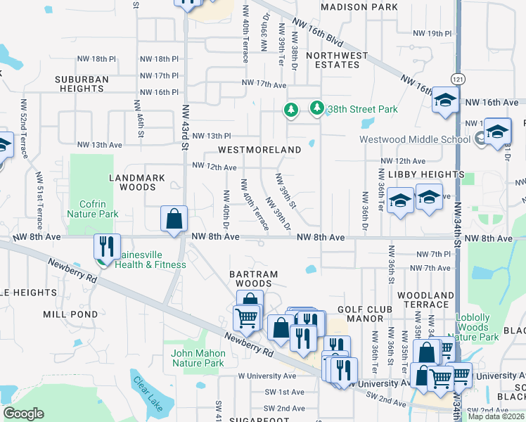 map of restaurants, bars, coffee shops, grocery stores, and more near 925 Northwest 40th Terrace in Gainesville