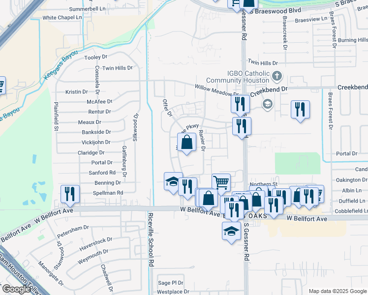 map of restaurants, bars, coffee shops, grocery stores, and more near 10744 Westbrae Manor Drive in Houston