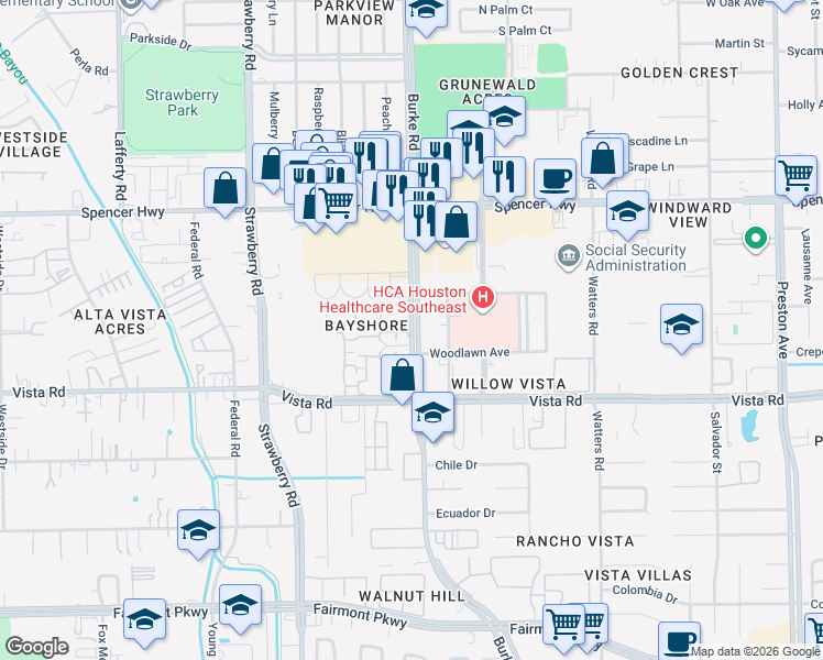 map of restaurants, bars, coffee shops, grocery stores, and more near 3198-3212 Burke Road in Pasadena
