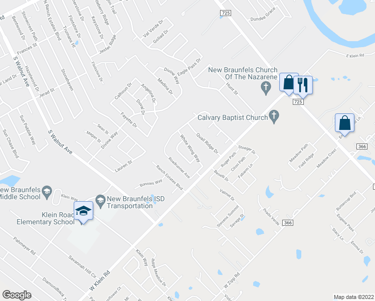 map of restaurants, bars, coffee shops, grocery stores, and more near 2622 White Wing Way in New Braunfels